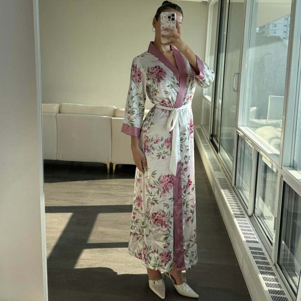 Vintage Floral Maxi Robe, Cottagecore Pink White Silky Kimono - Size S